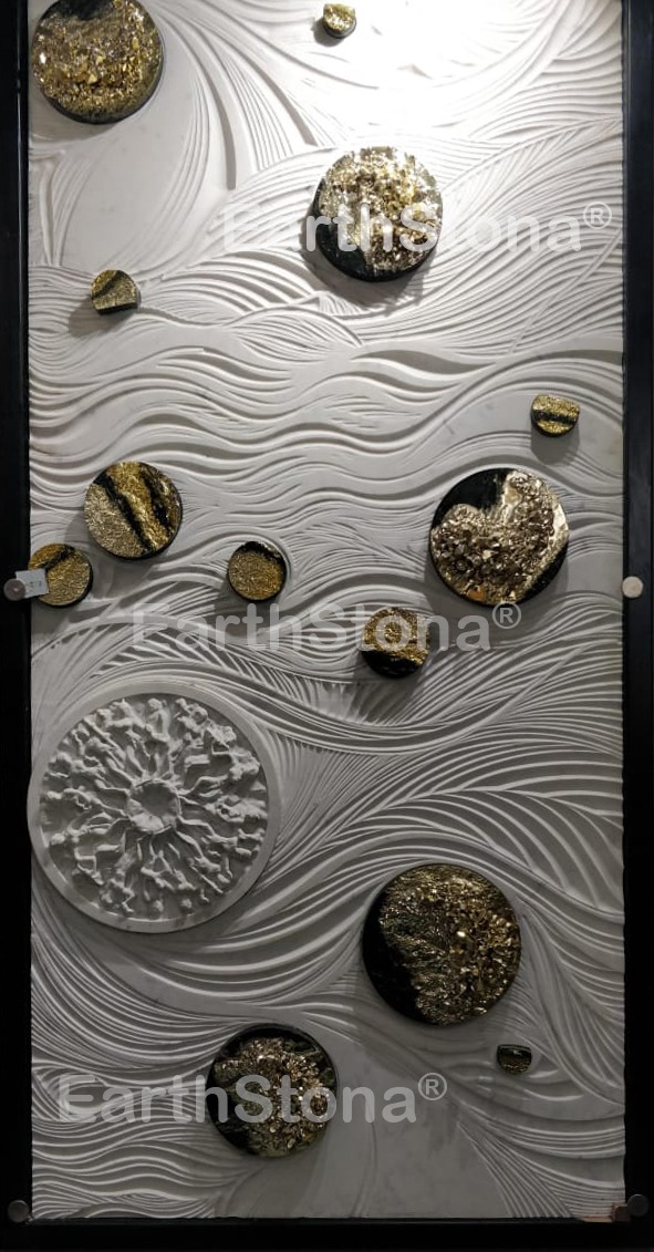 Designer Circle Glitter Golden Wave Stone Carving Work